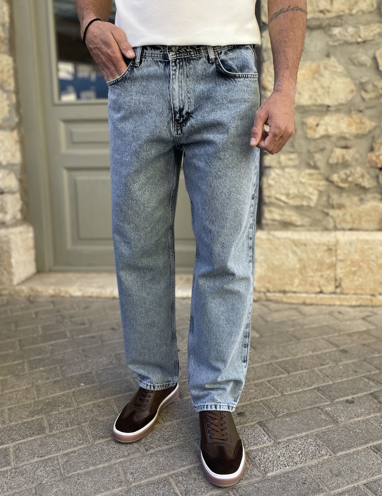 G8 Ανδρικό μπλε πλυμένο Loose τζιν ελαστικό πεντάτσεπο με φερμουάρ G81087